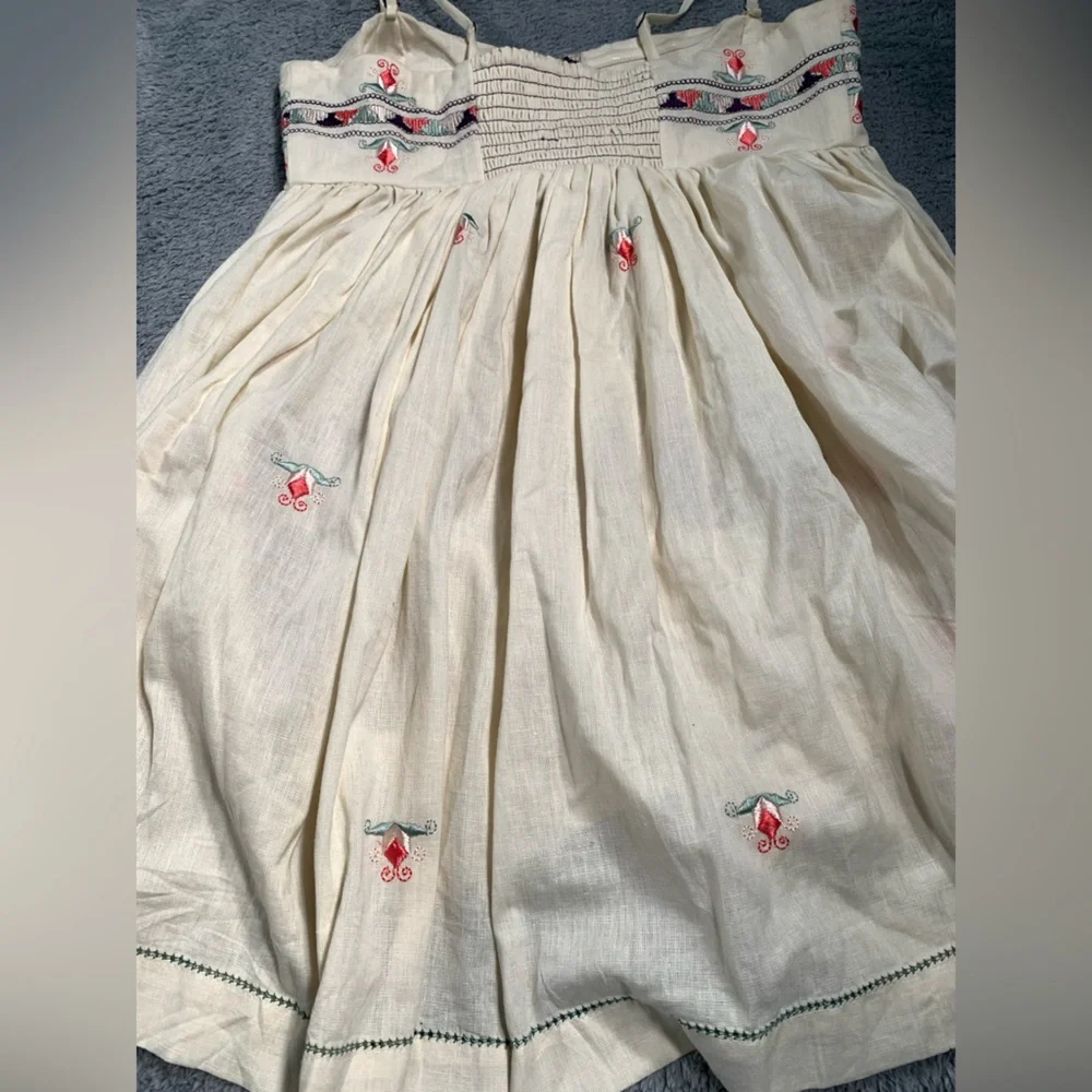 Free People Cream Mini Dress with Pink & Green Embroidery